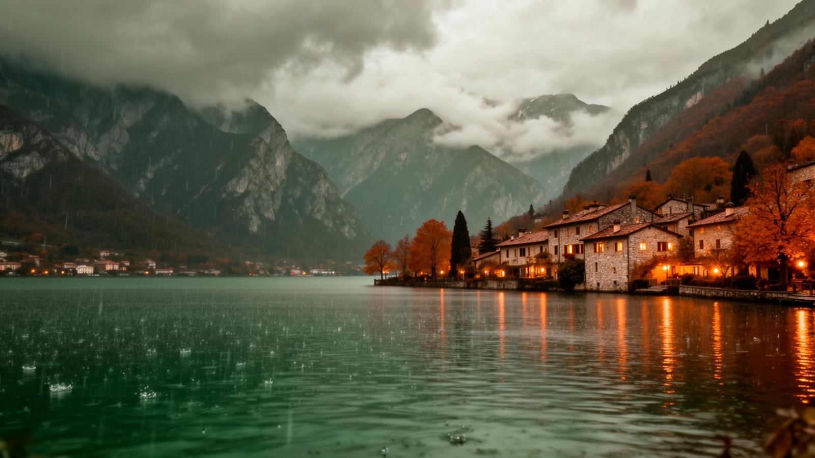 Lago di Garda sotto la pioggia con villaggio illuminato